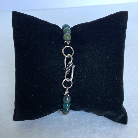 Sterling Silver 925 Round Green Moss Agate Beaded Bracelet Sz 6.75" - Picture 9 of 16